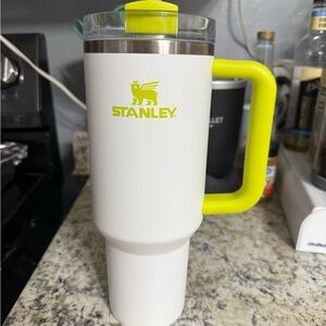 Stanley White Travel Mug with Neon Yellow Accents